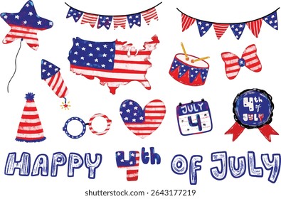 Cute set hand drawn happy 4th of july united states of America national independence day flag pattern patriotic theme elements doodle grunge brush watercolor crayon illustration clipart collection