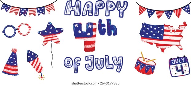 Cute set hand drawn happy 4th of july united states of America national independence day flag pattern patriotic theme elements doodle grunge brush watercolor crayon illustration clipart collection
