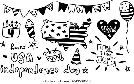 Cute set hand drawn happy 4th of july united states of America national independence day flag doodle black white pattern patriotic theme elements illustration clipart collection