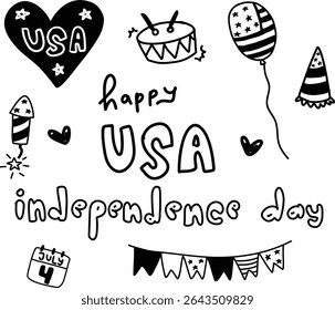 Cute set hand drawn happy 4th of july united states of America national independence day flag doodle black white pattern patriotic theme elements illustration clipart collection