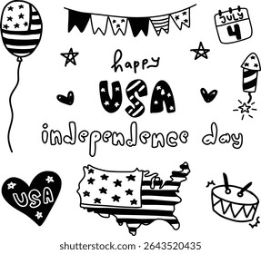 Cute set hand drawn happy 4th of july united states of America national independence day flag doodle black white pattern patriotic theme elements illustration clipart collection
