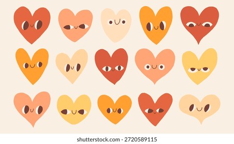 Nettes Set von handgezeichneten Herzen mit verspielten Gesichtern in warmen gedeckten Farben. Einfache doodle-Stil Zeichen perfekt für Valentinstag Designs, Kinder Dekoration, Aufkleber, Muster und fröhliche grafische Projekte