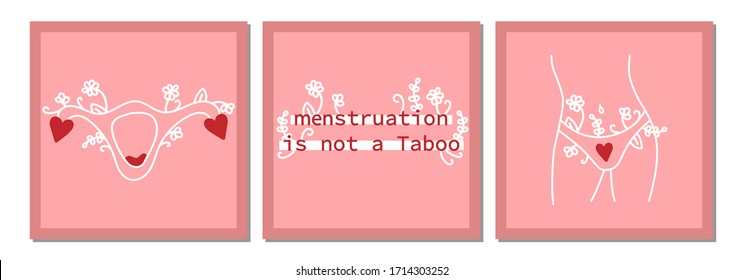 Cute Set Of Hand Drawn Line Art Elements Of Women Menstruation Period Theme, Vector Illustration