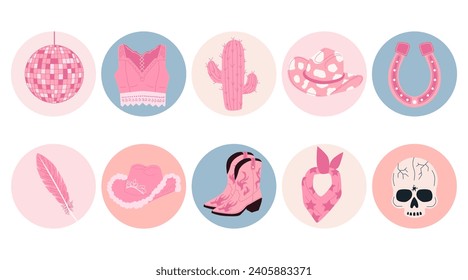 Ein süßer Satz von handgezeichnet rosa weiblichen Cowboy-Elemente. Trendy Vektorgrafiken im Cartoon-Stil. Doodle Vektorsymbole packen im Retro-Stil.