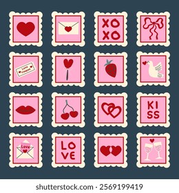 A cute set of hand drawn pink Valentine`s Day sticker. Set of vintage postage stamps. Doodle vector icons pack in retro style. Design concept for 14 February.