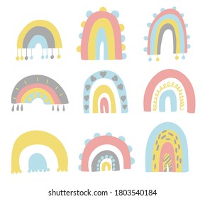 Un bonito conjunto de arcos dibujados a mano. Vector de moda para bebés.