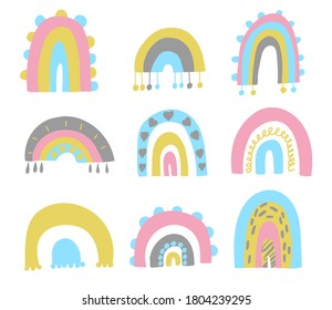 Cute set of hand drawn rainbows. Baby trendy vector.