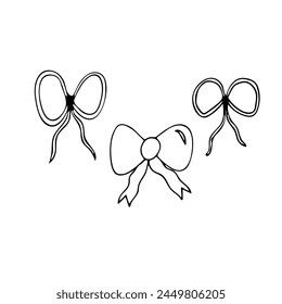 Cute set hand drawn ribbons, bows. Black line doodle vector illustration for wedding and nursery design, logo and greeting card. Doodle decoration element for celebrating, party. Isolated on white.