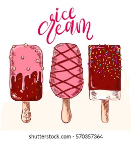 Cute set with hand drawn tasty ice cream.