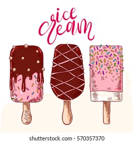 Cute set with hand drawn tasty ice cream.