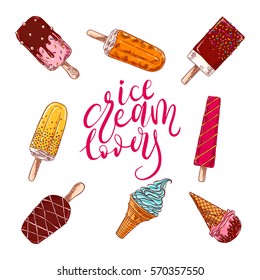 Cute set with hand drawn tasty ice cream.