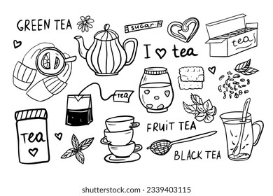 Cute set of hand drawn tea theme elements in doodle style. Vector illustration EPS10. Isolated on white background