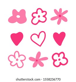 Cute set hand drawn valentine elements. Pink flower and hearts isolated on white background. Doodle vector illustration for wedding design, logo, greeting card, tatoo, menu cafe, print, scrapbook.