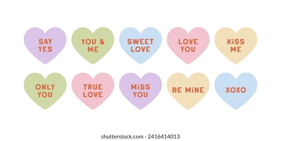 Cute set of hand drawn vector candy hearts isolated on white background. Lovely pastel conversation hearts for Valentines day, festive design, romantic holidays. Charming elements in flat style