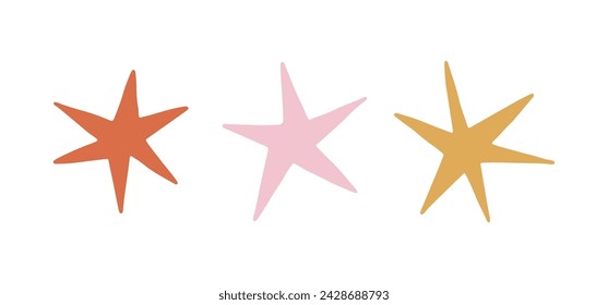 Lindo conjunto de estrellas de vector dibujadas a mano aisladas sobre fondo blanco. Elementos celestiales encantadores para el día de San Valentín, diseño festivo, vacaciones románticas. Encantadoras ilustraciones cósmicas en estilo plano