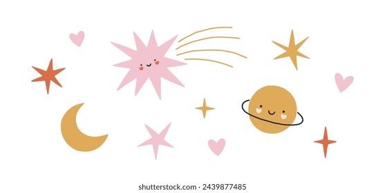 Conjunto lindo de la estrella sonriente dibujada a mano del vector, la luna y el planeta aislados sobre fondo blanco. Elementos celestiales encantadores para el día de San Valentín, diseño festivo, vacaciones románticas. Encantador arte en estilo plano