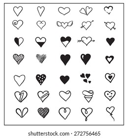 Cute set of hand drawn vector haerts. Heart design. Love elements.