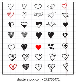 Cute set of hand drawn vector haerts. Heart design. Love elements.