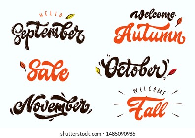 cute set of hand lettering autumn quotes isolated on white background. Perfect for posters, banners, calendar, greeting cards, prints, stickers, etc. EPS 10