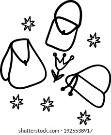 Un juego de bolsos. Fotos de doodles vectoriales, bolsos estilizados, flores, estrellas Doodles de dibujos animados en negro. Ilustración bursátil.