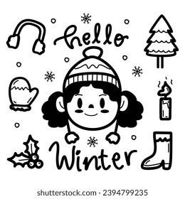 Cute set of hand-drawn black and white winter collections
