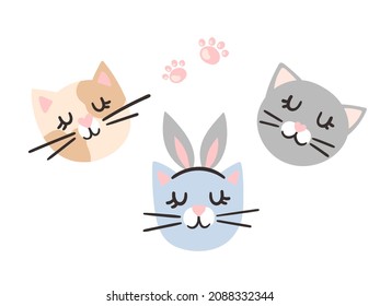 cute set of hand-drawn cartoon cat faces and paw prints. vector image isolated on a white background