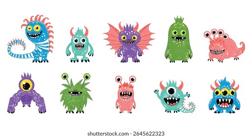 Conjunto bonito com monstros desenhados à mão em canetas de feltro. Monstros de desenho para crianças, anotações infantis ou design de capa