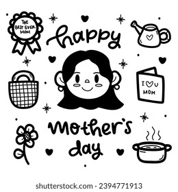 Cute set of hand-drawn mother's days black and white vector illustration