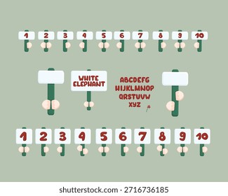 A cute set of hand-drawn vector numbers from 1 to 10. Cartoon elephant hands holding number signs for a White Elephant Christmas game. Isolated elements for children’s design.