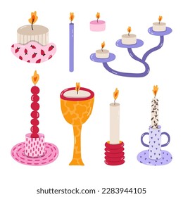 Cute set of handmade ceramic candlesticks with colorful patterns. Different shapes for scandinavian home decorations. Trendy craft candle holder in the style of 70s. Hand drawn vector doodle.