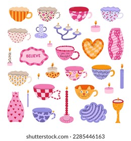 Cute set of handmade ceramic household crockery and pottery in the style of 70s. Hand drawn trendy ceramics: vases, candlesticks, mug and teacups, plate for jewelry. Utensils for home decoration.