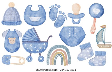 A cute set of hand-painted watercolor baby boy clipart in soft blue tones. Perfect for baby shower invitations, scrapbooking, nursery wall art, birth announcements, and gender reveal designs. 