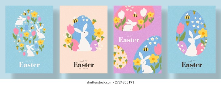 Cute set of Happy Easter cards. Trendy Easter vector posters with  bunnies, eggs, spring flowers, cute bee. Holiday flyers for design of party, celebration, ads, branding, cover, card, sale, event.