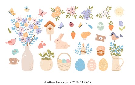 Cute set happy Easter design elements in pastel colors. Rabbit, egg, flowers, eggs, chicken, butterfly and other spring elements. For  poster, covers, label, template, pattern, holiday decoration.