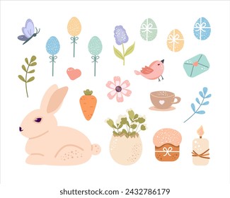 Cute set happy Easter design elements in pastel colors. Rabbit, egg, flowers, butterfly and other spring elements. For  poster, covers, label, template, pattern, holiday decoration.