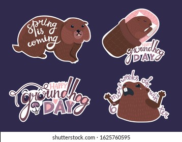 Cute set - Happy Groundhog Day with nice creative lettering and amazing pretty animals. Funny handwritten captions, quotes, phrases about season. Concept illustration. Stickers collection. Isolated