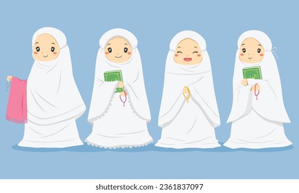 cute set of happy Muslim girls wearing white mukena or prayer gown, holding Quran and prayer beads. Muslim children vector illustration.