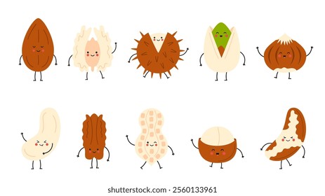 Cute set of happy nuts. Cartoon nuts isolated on white background. Peanut, hazelnut, walnut, Brazilian nut, pistachio, cashew, pecan, almond characters. 