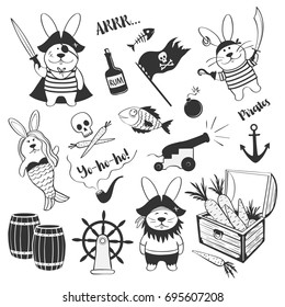 Cute set of hares of pirates on a white background. Original graphics for a child's birthday, pirate party