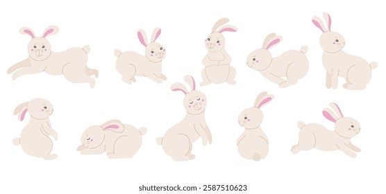 Cute set with hares and rabbits in flat simple style. Gray hares animals set in different positions and scenes, running, sleeping, cute standing. Beautiful animals for farm, Easter 