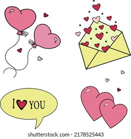 Cute set with hearts, balloons, envelope for Valentine's Day, wedding, romantic event. Contour vector icons for websites and interfaces, mobile applications, icons, postcards. A good set.