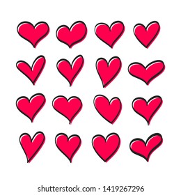 Cute set of hearts of red color of different shapes isolated on white background. Vector icons, signs, heart symbols for photo decoration, banner, diary, print, packaging and more.