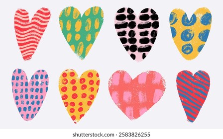 Cute set of with Hearts. Template Valentine's day vector texture with hand drawn Hearts. Multicolored pattern with hearts drawn by hand. Craft wrapping paper for holidays. Heart ornament collection.