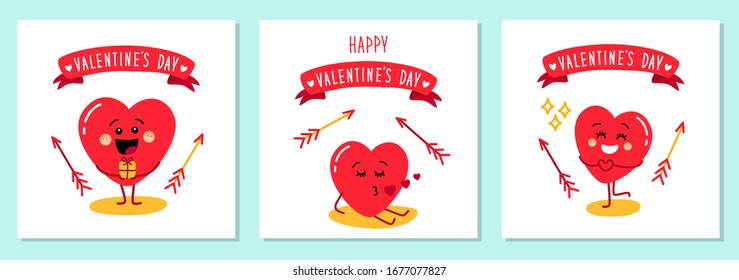 Cute set of holiday Valentines day cards with funny cartoon character of emoji hearts for your decoration