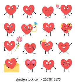 Cute set of holiday Valentines day funny cartoon character of emoji hearts.Romantic Valentine's Day illustrations to express feelings of love.Flat Vector illustration