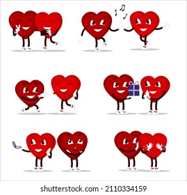 Cute set of holiday Valentines day funny cartoon character of emoji hearts. Love red heart couple for Invitation card, Valentine's Day. Couple in love concept feel happy and joyful.