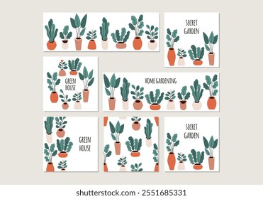 Cute set of home gardening backgrounds in simple flat style