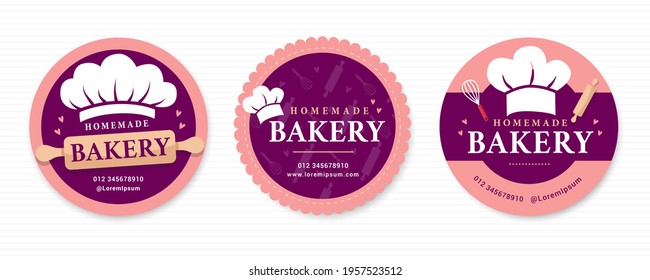 Cute Set Homemade Bakery Logo in Purple and Salmon Pink. Ideal for sticker, badge, or hanging tag.