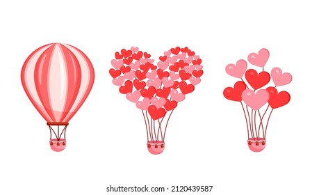 Un bonito globo de aire caliente para el día de San Valentín. Estilo de caricatura. Ilustración vectorial romántica para postales, sitios, impresión.