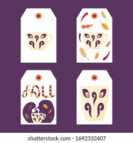 Cute set of cute hygge tags or labels templates with mugs, autumn leaves and lettering. Flat style illustration. Vector.